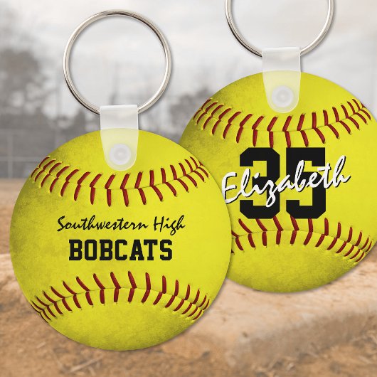 Porte-clés Équipe de l'école et nom du joueur softball jaune