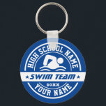 Porte-clés Équipe de natation de l'école Personnaliser le tex<br><div class="desc">Cadeaux sportifs personnalisés et marchandises pour l'équipe sportive scolaire. Tous les textes sont modifiables pour convenir à votre occasion. La couleur Arrière - plan peut être modifiée à l'aide de l'outil de conception. Un souvenir parfait pour l'entraîneur scolaire et les diplômés qui sont aussi de grands athlètes.</div>