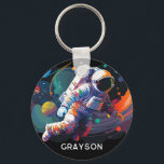 Porte-clés Espace astronaute moderne coloré Nom personnalisé<br><div class="desc">Colorful Modern Astronaut Space Personnalisé Nom Porte - clé dispose d'un astronaute flottant dans l'espace avec des planètes et des nappes colorées et personnalisées avec votre nom dans la typographie script moderne. Parfait comme cadeau pour les amoureux de l'espace, famille et amis pour anniversaire, Noël, vacances, Fête des pères, frère,...</div>