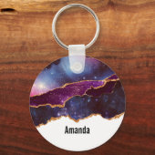 Porte-clés Espace bleu et violet et étoiles avec ruban or (Recto)