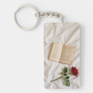 Porte-clés esthétique Rose rouge et Livre ouvert