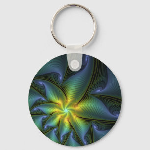 Porte-clés Etoile Abstraite, Bleu brillant Vert Or Fractal Ar