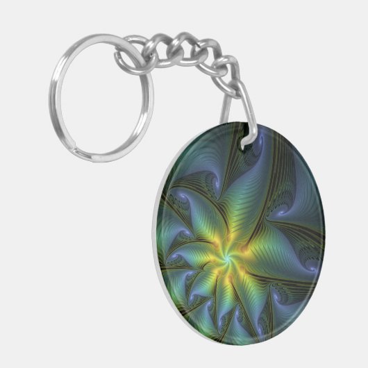 Porte-clés Etoile Abstraite, Bleu brillant Vert Or Fractal Ar (Devant gauche)