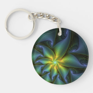 Porte-clés Etoile Abstraite, Bleu brillant Vert Or Fractal Ar