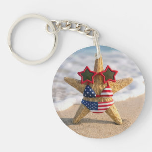 Porte-clés Étoile de mer portant un bikini drapeau et des lun