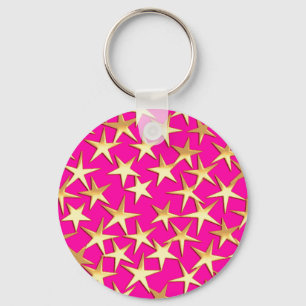 Porte-clés Étoiles dorées sur fond rose fuchsia
