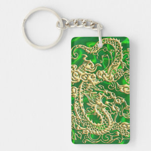 Porte-clés Étui iPhone en Satin Vert avec Dragon Doré en Reli