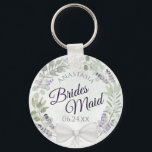 Porte-clés Eucalyptus, femme de ménage et Mariage de couronne<br><div class="desc">Ces porte - clés sont conçus pour donner comme faveurs aux serveuses d'honneur à votre mariage. Elles présentent une aquarelle rustique peinte à la main avec une couronne de feuilles d'eucalyptus et des fleurs de lavande dans les tons violet, menthe, mousse et vert sauge. Le texte est écrit en lettres...</div>