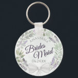 Porte-clés Eucalyptus, femme de ménage et Mariage de couronne<br><div class="desc">Ces porte - clés sont conçus pour donner comme faveurs aux serveuses d'honneur à votre mariage. Elles présentent une aquarelle rustique peinte à la main avec une couronne de feuilles d'eucalyptus et des fleurs de lavande dans les tons violet, menthe, mousse et vert sauge. Le texte est écrit en lettres...</div>