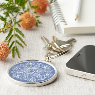 Porte-clés Exotic White Mandala on Blue Background