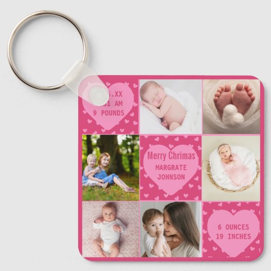 Porte-clés Faire-part de naissance de Bébé Fille rose moderne (Recto)