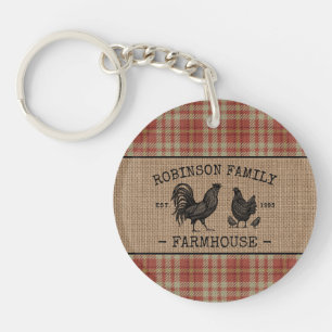 Porte-clés Famille Ferme Vintage Rouge Plaqué Burlap 2 Côt