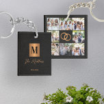 Porte-clés Famille Monogramme photo collage<br><div class="desc">Design moderne monogrammed initial et signature script nom de famille personnalisé 8 photo grille collage porte - clé de conservation avec un faux carré en cuivre or métallique avec lettre initiale sur un côté et 8 photos avec anneaux mariage sur le côté arrière sur un élégant arrière - plan en...</div>
