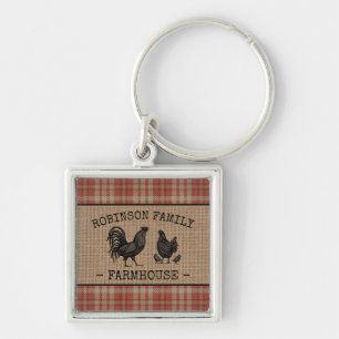 Porte-clés Family Farmhouse Vintage Red Plaid Carré Burlap