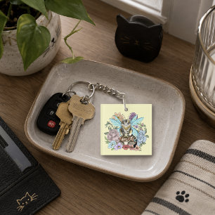 Porte-clés Fantaisie Pastel Chat Féerique Tigré Floral