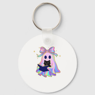 Porte-clés Fantôme iridescent avec un livre et un chat noir C