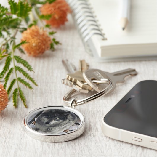 Porte-clés Faune Gris Loup et conception forestière (Côté)