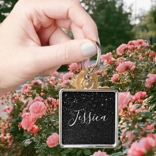 Porte-clés Faux Black Glitter Bokeh Photo Personalized