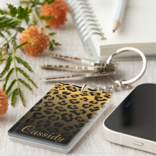 Porte-clés Faux Fur Wild Leopard Print with Gold Name