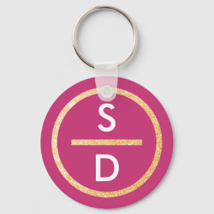 Porte-clés Faux Gold Glitter Circle Vertical Monogram on Pink