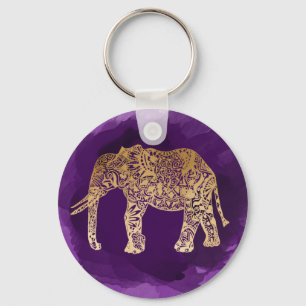 Porte-clés faux gold tribal elephant purple brushstroke