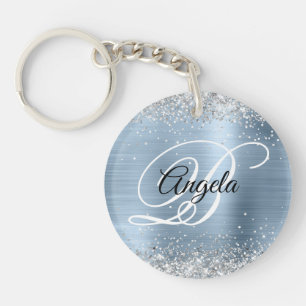 Porte-clés Faux Pailleté Argent Paillettes Bleu Feuille Monog