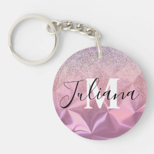 Porte-clés Faux Pailleté Monogramme Métal Brossé Rose 