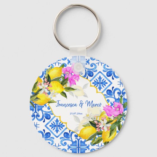 Porte-clés Faveurs mariage Carreaux bleus citron Bougainville (Verso)