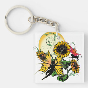 Porte-clés Fée de tournesol et chat cosmique