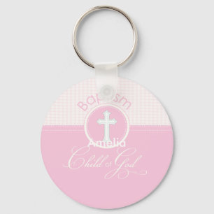 Porte-clés Félicitations pour le baptême Rose, Cadeaux Ronds