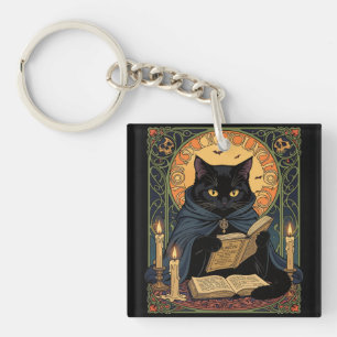 Porte-clés Félin de couleur noire lisant un livre de solstice