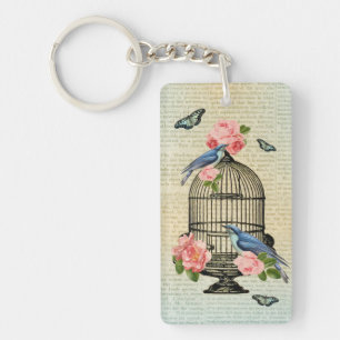 Porte-clés féminin et girly vintage oiseau et fleu