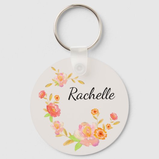 Porte-clés Féminin Monogrammé Floral Orange et Rose (Recto)