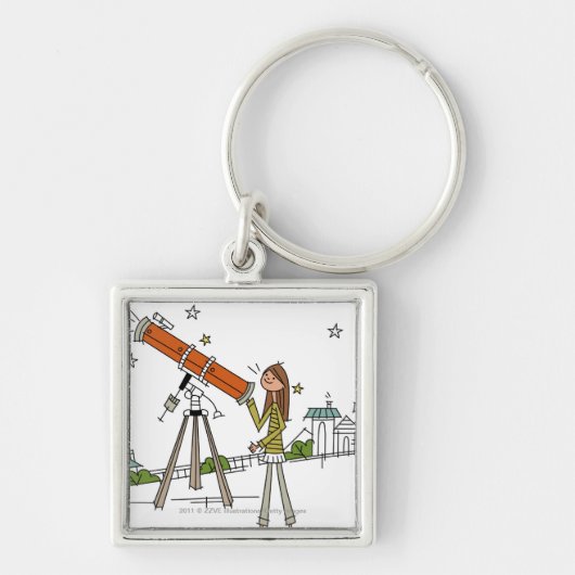 Porte-clés Femme à l'aide d'un télescope d'astronomie (Devant)