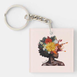 Porte-clés Femme afro-américaine aux cheveux noirs floraux (2