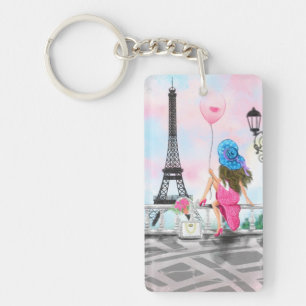 Porte-clés Femme avec ballon rose à Paris Cadeau Porte - clé