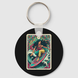 Porte-clés Femme Colorée Vague Surfeuse Carte Tarot Artistiqu