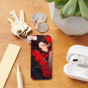 Porte-clés Femme d'anime et fleurs rouges