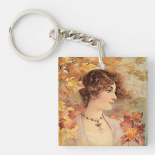 Porte-clés Femme d'automne Art Nouveau Imprimé de feuillage d