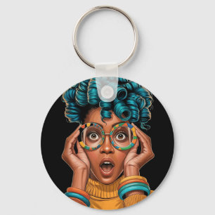 Porte-clés Femme expressive cheveux bouclés style pop art col
