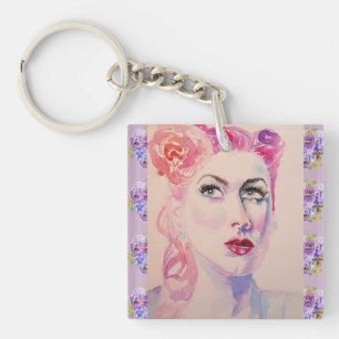 Porte-clés Femme Rétro Glamour Aquarelle Violet Vintage