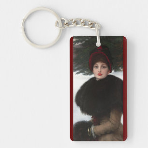 Porte-clés femme victorienne scène hiver portrait rouge blanc