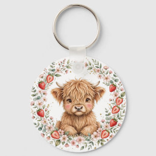 Porte-clés Ferme à l'aquarelle Vache Highland Fleur de Fraisi