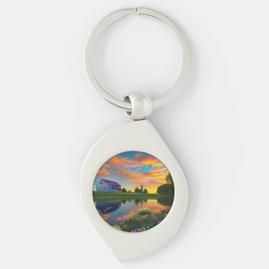 Porte-clés Ferme Toit pourpre Étang à Sunrise (Devant)