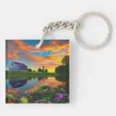 Porte-clés Ferme Toit pourpre Étang à Sunrise (Dos)