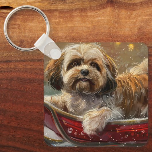 Porte-clés Festive de Noël de chien Lhasa Apso (Recto)