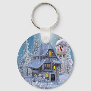 Porte-clés Fête de Noël Hiver Blanc Bonhomme de Neige Bleu Ru