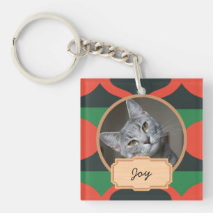 Porte-clés fête de Noël verte et rouge Chat personnalisé Phot
