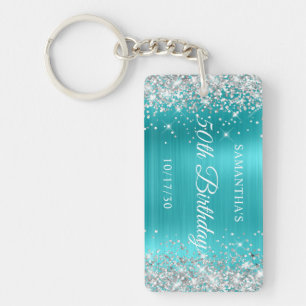 Porte-clés Fête des 50 ans Turquoise Bleu Paillettes Argentée