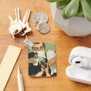 Porte-clés Fête des pères vintage, papa donne une bouteille à